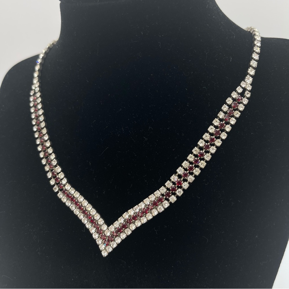 Vintage Red & White Rhinestone Choker Necklace | 1950s Art Deco Costume Jewelry